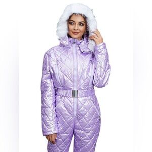NWOT Women's Metallic Lavender Ski Suit with Faux Fur Hood Size Small